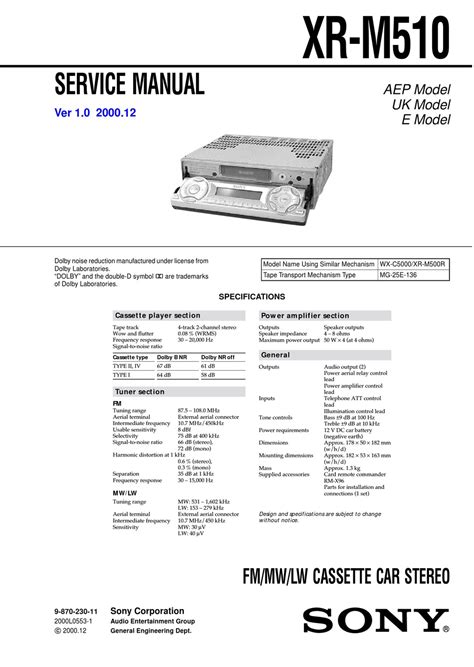 SONY CAR STEREO SYSTEM XR-M510 SERVICE MANUAL Pdf …