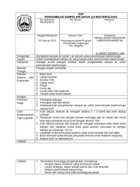 SOP Pengambilan Sampel Air Bakteriologis | PDF - Scribd - raincitystudios.com