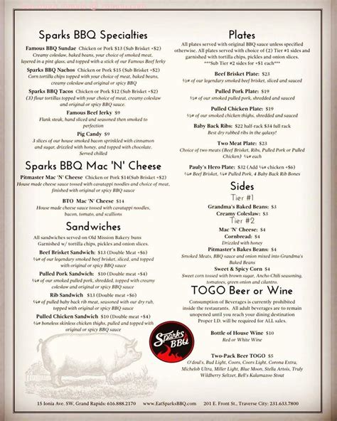 SPARKS BBQ, Traverse City - Menu, Prices