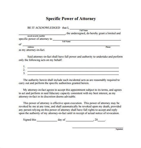 SPECIAL POWER OF ATTORNEY Template in Word and Pdf formats
