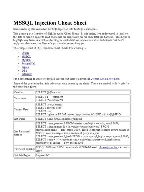 SQL Injection Cheat Sheet Microsoft Sql Server Microsoft Access