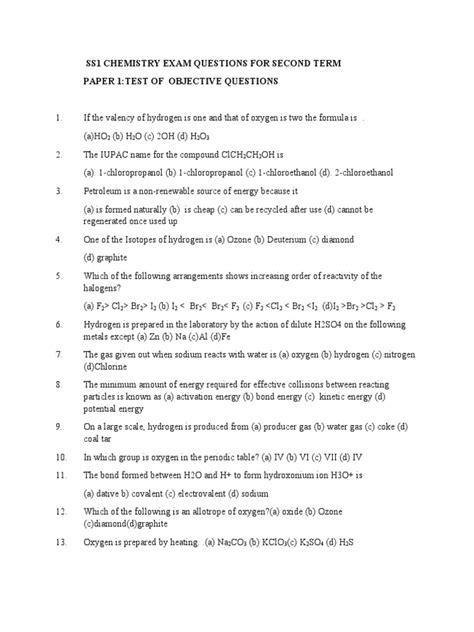 SS2 (Chemistry Exam) questions & answers for quizzes and tests