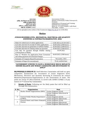 SSC JE Notification 2022 Application Form Vacancy Last Date