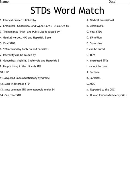 STDs Word Match Worksheet WordMint