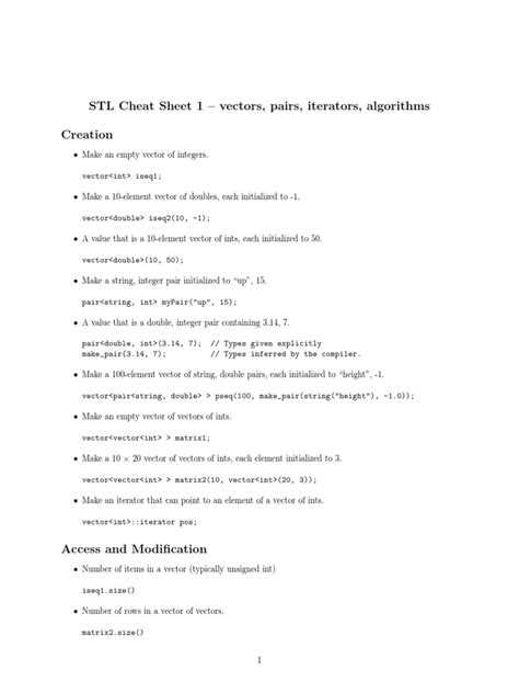 STL Cheat Sheet 1 Vectors, Pairs, Iterators, Algorithms Creation