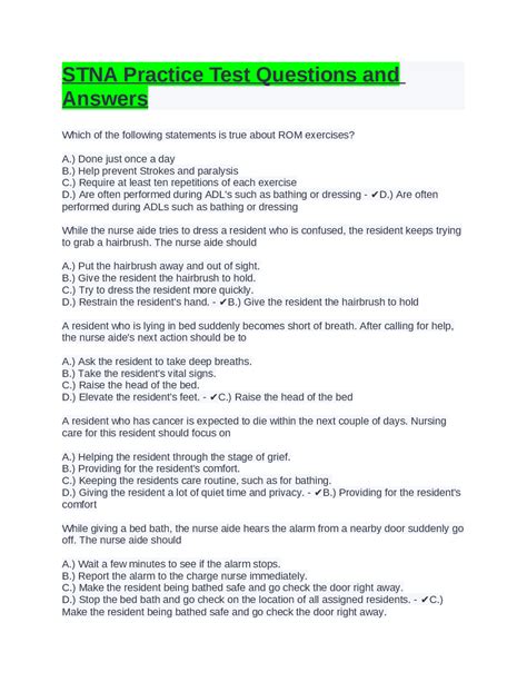 STNA Practice Test Questions and Answers Docsity