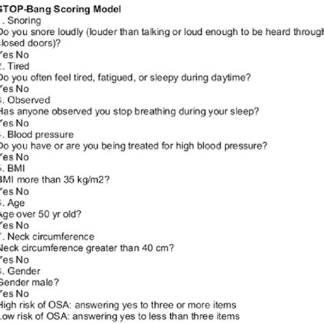 STOPBang questionnaire English version. Download Scientific Diagram
