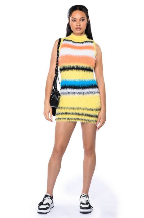 STRIPED FUZZY SWEATER DRESS in YELLOW MULTI