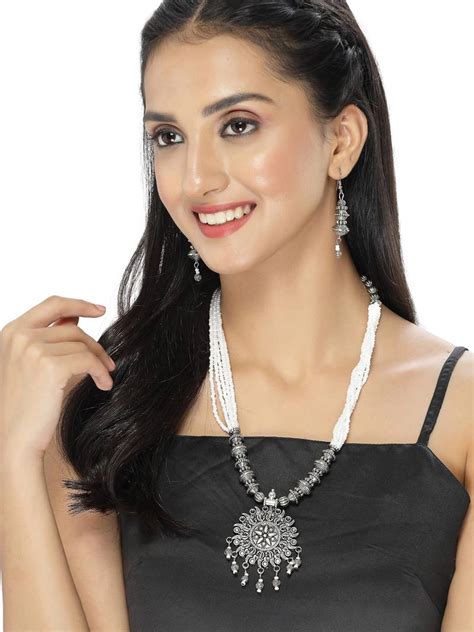 Sukkhi Ethnic Oxidised Silver Plated Stylish Beads Long Necklace Set ... - balustradellc