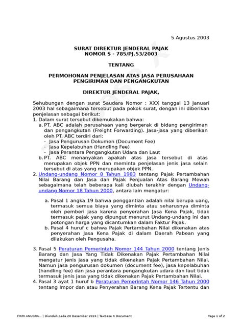 Surat Dirjen Pajak Nomor: S - 985/PJ.313/2006 - Ortax - balustradellc