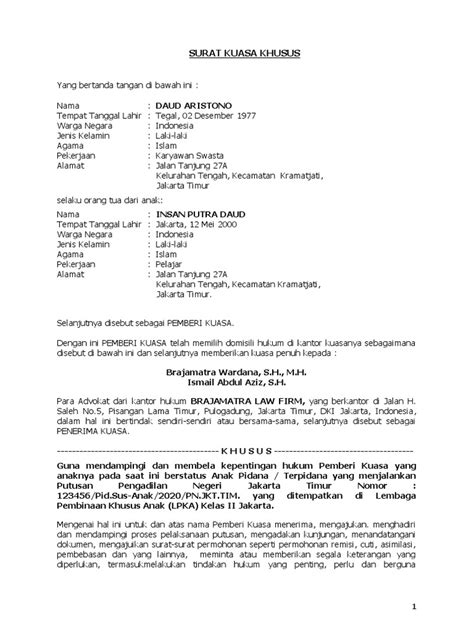 Surat Kuasa Hukum Anak Pidana | PDF - Scribd - balustradellc