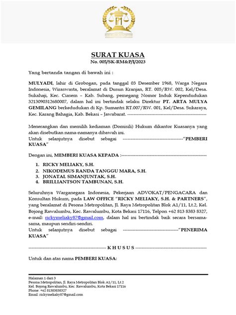 Surat Kuasa Pemberian Kuasa Hukum | PDF - Scribd - balustradellc