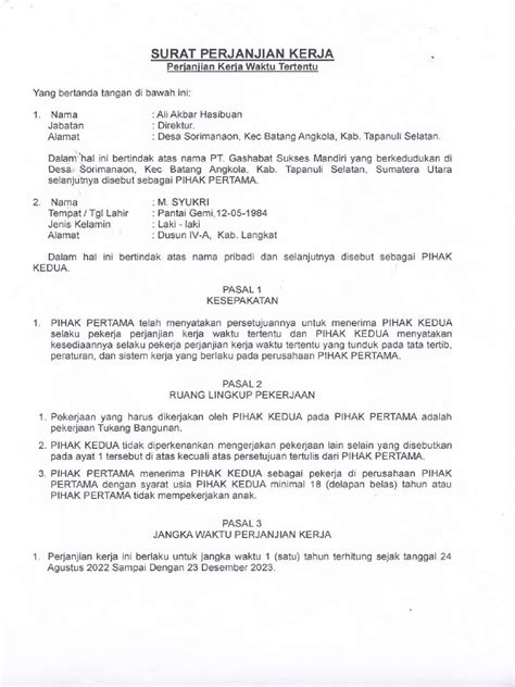 Surat Perjanjian Kerja Kontraktor - Dunia Soal - balustradellc