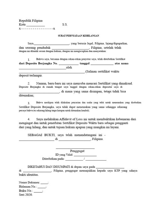 Surat Pernyataan Kehilangan Deposito | PDF - Scribd - balustradellc