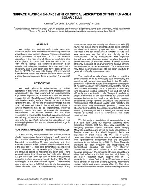 Surface plasmon enhancement of optical absorption of thin film a-Si:H ... - wintechmobiles.com