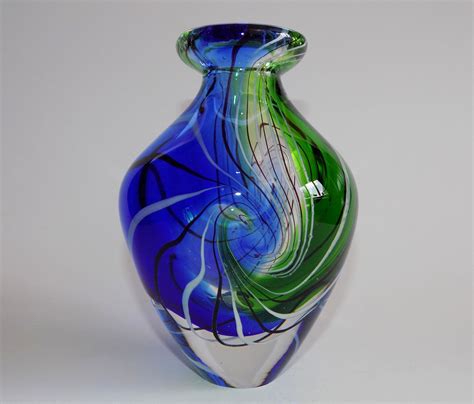 SWIRL ART GLASS FLOWER VASE CURVED STEM BLUE GREEN NO …