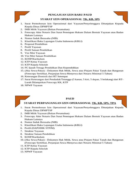 Syarat Izin Operasional PAUD dan TK | PDF - Scribd - balustradellc