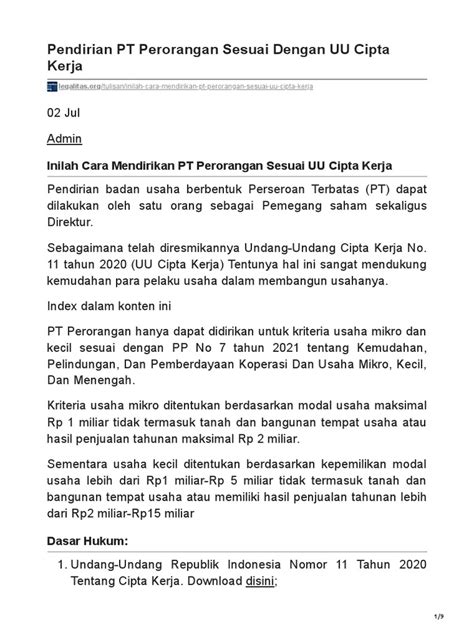 Syarat Pendirian PT Perorangan Sesuai dengan UU - balustradellc