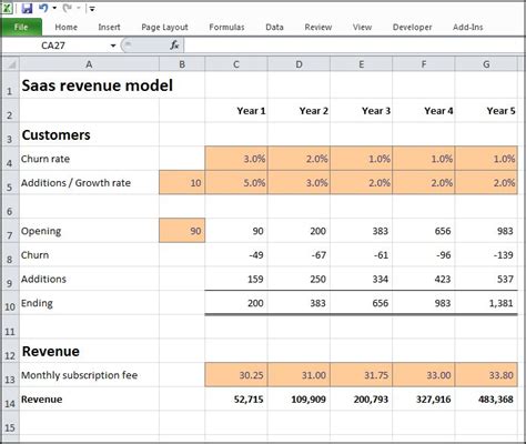 SaaS business/revenue model Excel spreadsheet