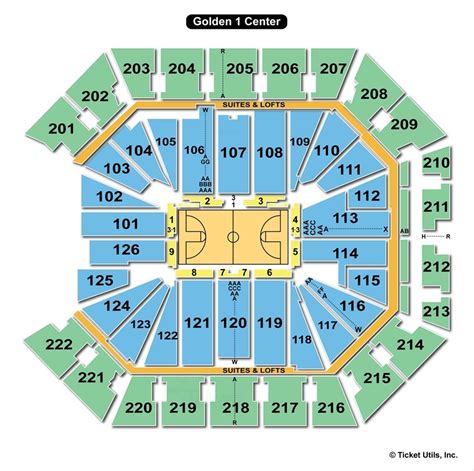 Full Golden 1 Center Seating Guide. Row & Seat Numbers. For most events, rows in Section 119 are labeled AAA-CCC, AA-FF, A-U, V. Wheelchair seating is available behind Row U. For concerts, row AA is usually the first row. An entrance to this section is located at Row V. Rows AAA-FF have 16 seats labeled 1-16. Rows A-H have 18 seats labeled 1-18.