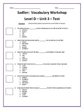 Sadlier Vocabulary Workshop Level D Unit 3 Answers