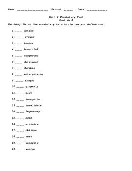 PDF. This is a test over the Unit 7 words for Level C in Sadlier: Vocabulary Workshop.The test is 50 points. (12 points Multiple Choice with part of speech, 10 points Synonym and Antonym, 8 points Fill in the Blank, 20 points Matching.)The document is a PDF.The Answer Key is included as well as a list of the Unit 7 Words.
