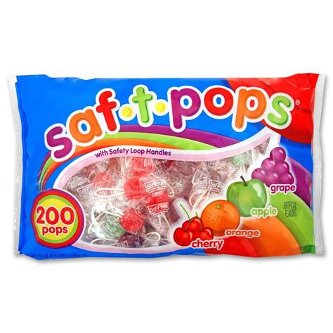 Saf t pops. Saf.T.Pops Lollipops are the only lollipops with a safety loop handle that?s completely wrapped in an enclosed pouch. Grape, apple, orange, cherry. Free of major allergens: … 
