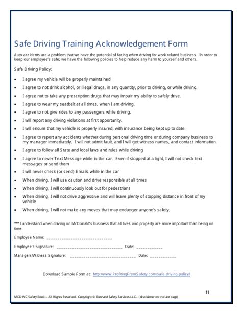 Safe Driving Training Acknowledgement Form Download Printable PDF