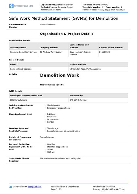 Safe Work Method Statement For Demolition Demolition Works Swms