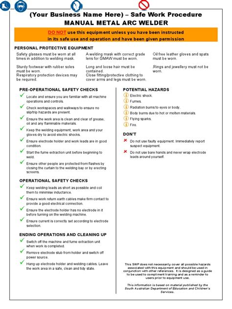 Safe Work Procedure Arc Welder