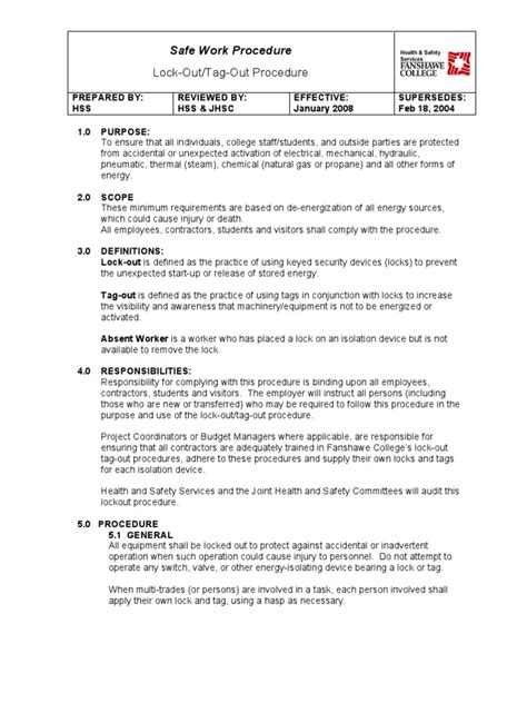 Safe Work Procedure LOTO (sample) Mechanical Engineering Technology