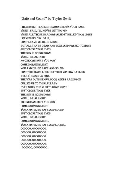 Safe and sound lyrics. Jul 3, 2012 ... Taylor Swift- Safe And Sound Lyrics. 