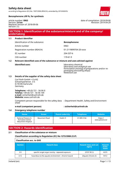 Safety Data Sheet Benzophenone DocsLib