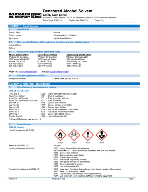Safety Data Sheet Denatured Alcohol DocsLib