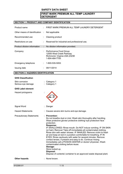 Safety Data Sheet First Mark Premium All Temp Laundry Detergent DocsLib