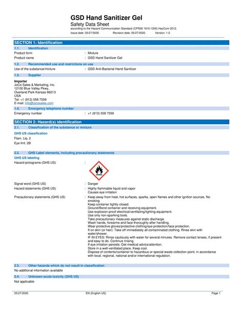 Safety Data Sheet Instant Hand Sanitizer, Unscented