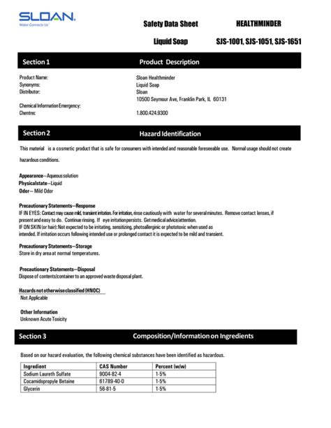 Safety Data Sheet Liquid Soap Section 3 Composition/Information