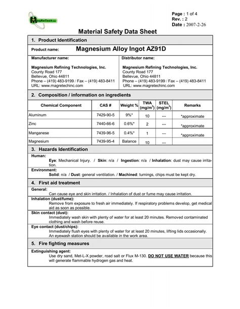 Safety Data Sheet Magnesium