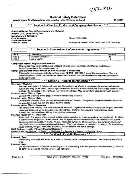 Safety Data Sheet Material Name Fire Extinguisher with Recycled Halon