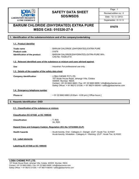 Safety Data Sheet Sds/Msds Barium Chloride DocsLib