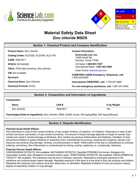Safety Data Sheet Zinc Chloride DocsLib