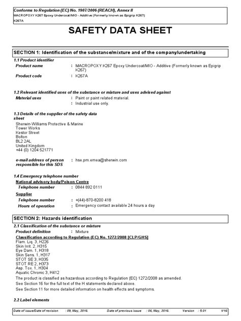 Safety Data Sheet for Macropoxy K267 Epoxy Undercoat/MIO Additive PDF