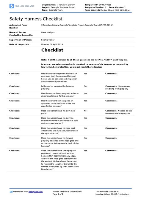 Safety Harness Inspection Checklist Template