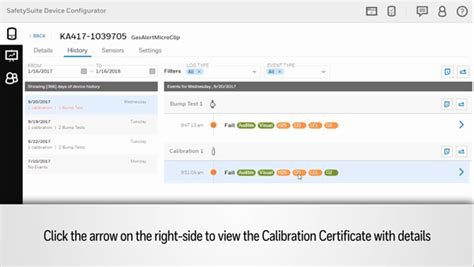 Safety Suite Device Configurator Viewing Bump Tests and Calibrations