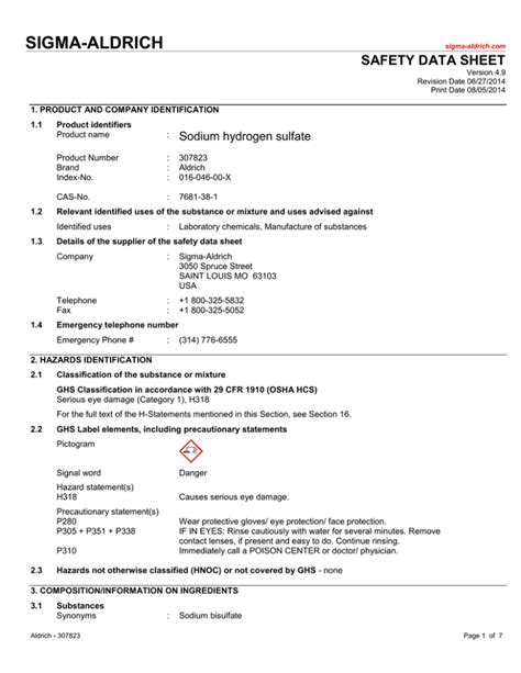 Sigma-Aldrich - 270989 Page 1 of 11 The life science business of Merck KGaA, Darmstadt, Germany operates as MilliporeSigma in the US and Canada SAFETY DATA SHEET Version 6.25 Revision Date 08/23/2023 Print Date 10/21/2023 SECTION 1: Identification of the substance/mixture and of the company/undertaking 1.1 Product identifiers 