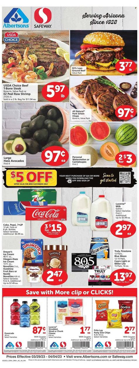 Safeway az weekly ad. Safeway is located at 1449 N Arizona Blvd where you shop in store or order groceries for delivery or pickup online or through our grocery app. Skip to content. Open mobile menu ... Check out our Weekly Ad for store savings, earn Gas Rewards with purchases, and download our Safeway app for Safeway for U® personalized offers. For more ... 
