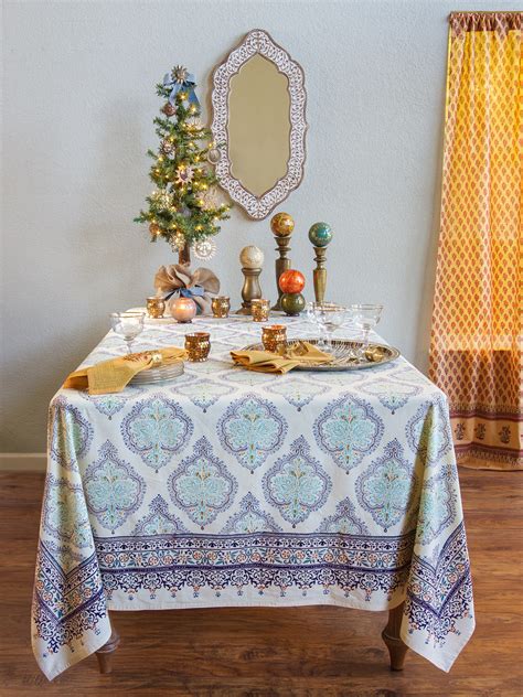 Saffron marigold. Use an elegant round tablecloth to transform your circular table into a stunning dining space. Fair trade and hand printed, our 70 and 90 inch cotton tablecloths in floral, boho, Indian, and Moroccan patterns set the stage for memorable occasions. Shop By Color: Istanbul ~ Moroccan Boho Style Navy Blue & Gold Round Tablecloth. $96.00 - $110.50. 