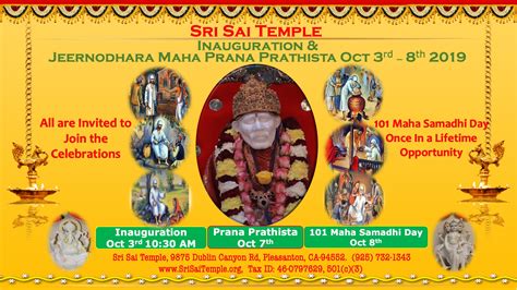 Weekly Program ; Sai Baba Abhishekam, 7:15 PM ; Pallaki Seva, 7:15 PM ; Bhajans, 7:30 PM ; Night/Shej Aarati, 8:00 PM ; Sunday: Ganapati Abhishekam, 10:30 AM .... 