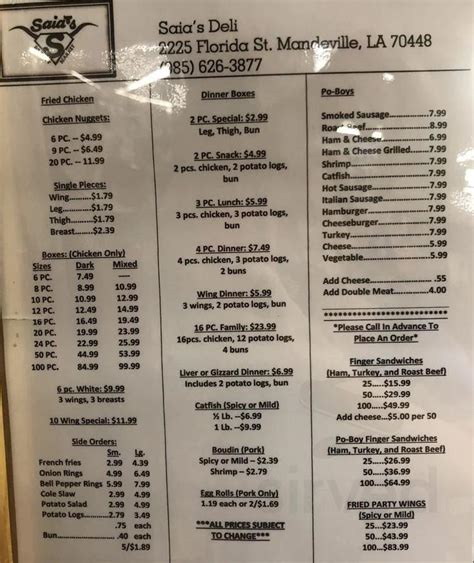 Saia's super meat market menu. Saia's Deli > Menu. | Menu-1 | Menu-2. Outdated menu here? Click to update . Prices and menu items are subject to change. Contact the restaurant for the most up to date information. Page 1 of 1 Back to top. Check out other Delis in Mandeville. 