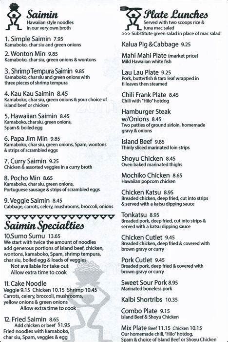 Saimin says menu. Top Reviews of Saimin Says. 06/28/2011 - Rod Got the Bento box today for $8.25 It has the Soyu chicken, Mahi-mahi, slice of spam, and rice with sesame seed. Chicken is great! Just the right amount of soy on it. The mahi-mahi is cooked just right with pinch of fresh lime juice. The rice has a wonderful flavor. Everything is dry though, no sauce ... 